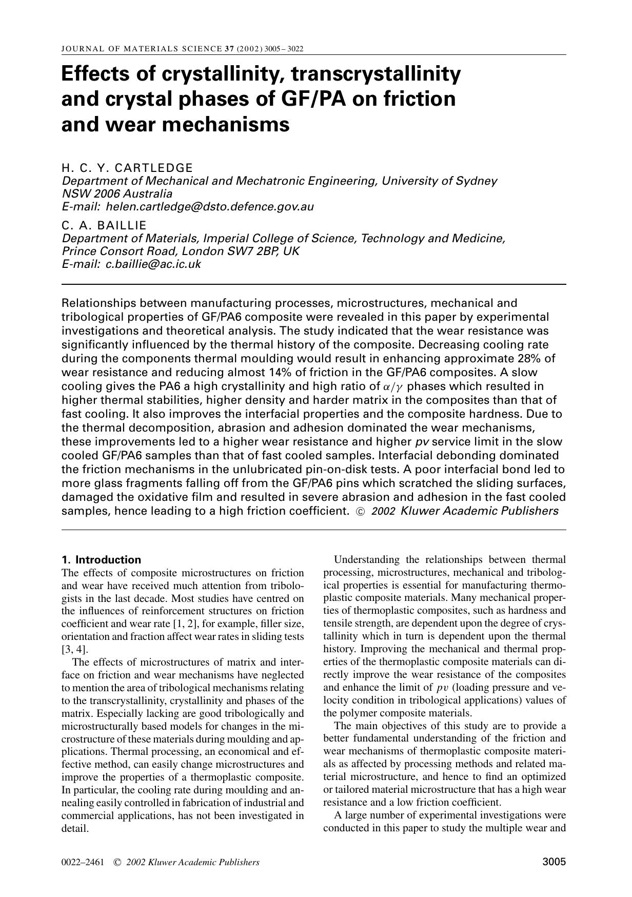 Effects of crystallinity, transcrystallinity and crystal phases of GFPA on friction and wear mechanisms by Unknown