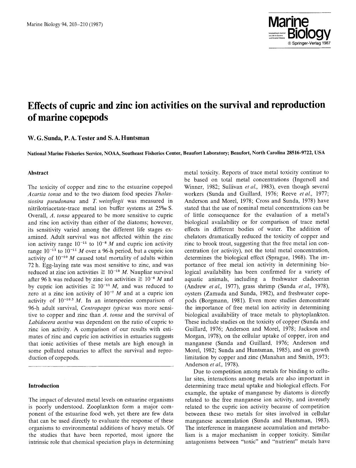 Effects of cupric and zinc ion activities on the survival and reproduction of marine copepods by Unknown