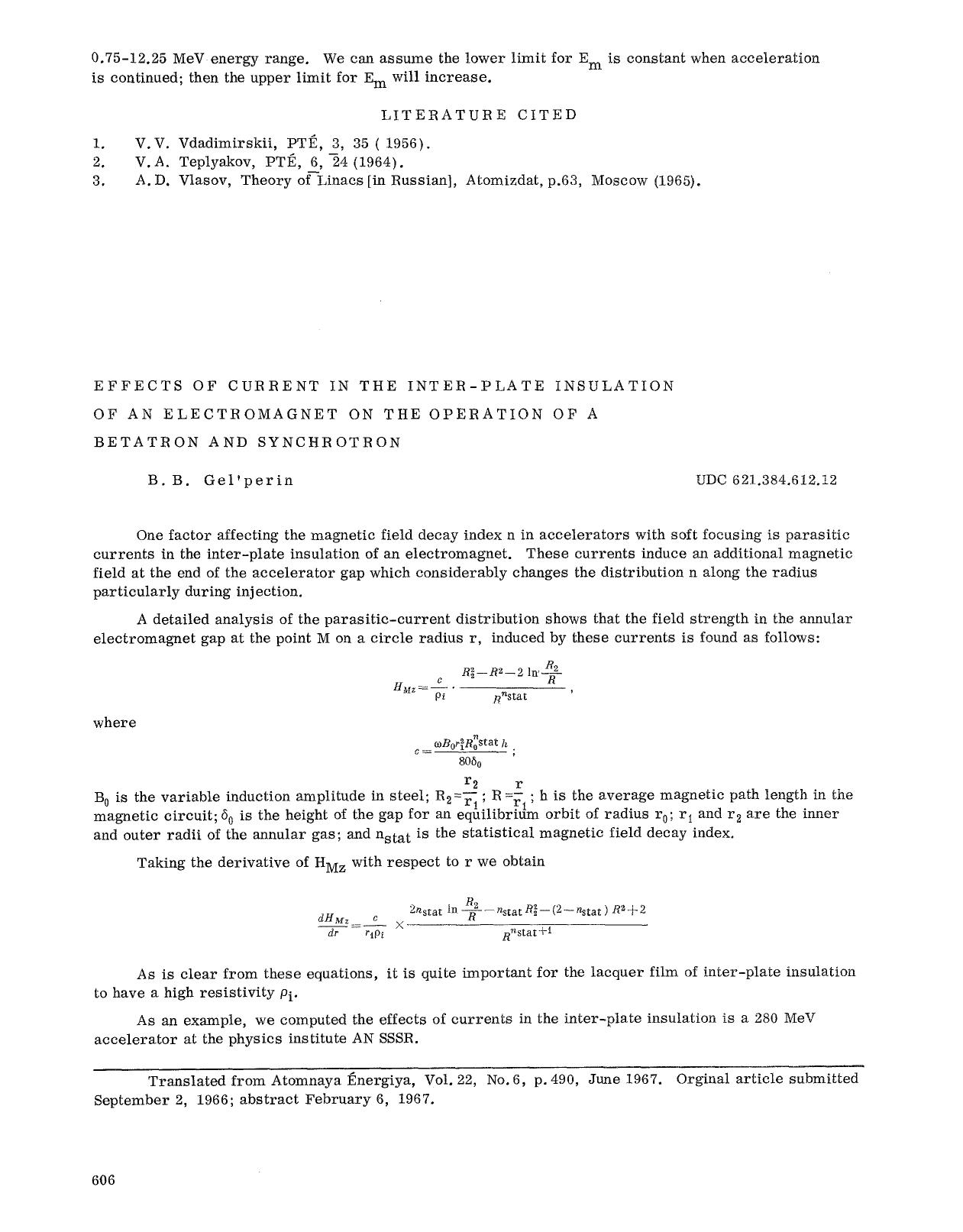 Effects of current in the inter-plate insulation of an electromagnet on the operation of a betatron and synchrotron by Unknown