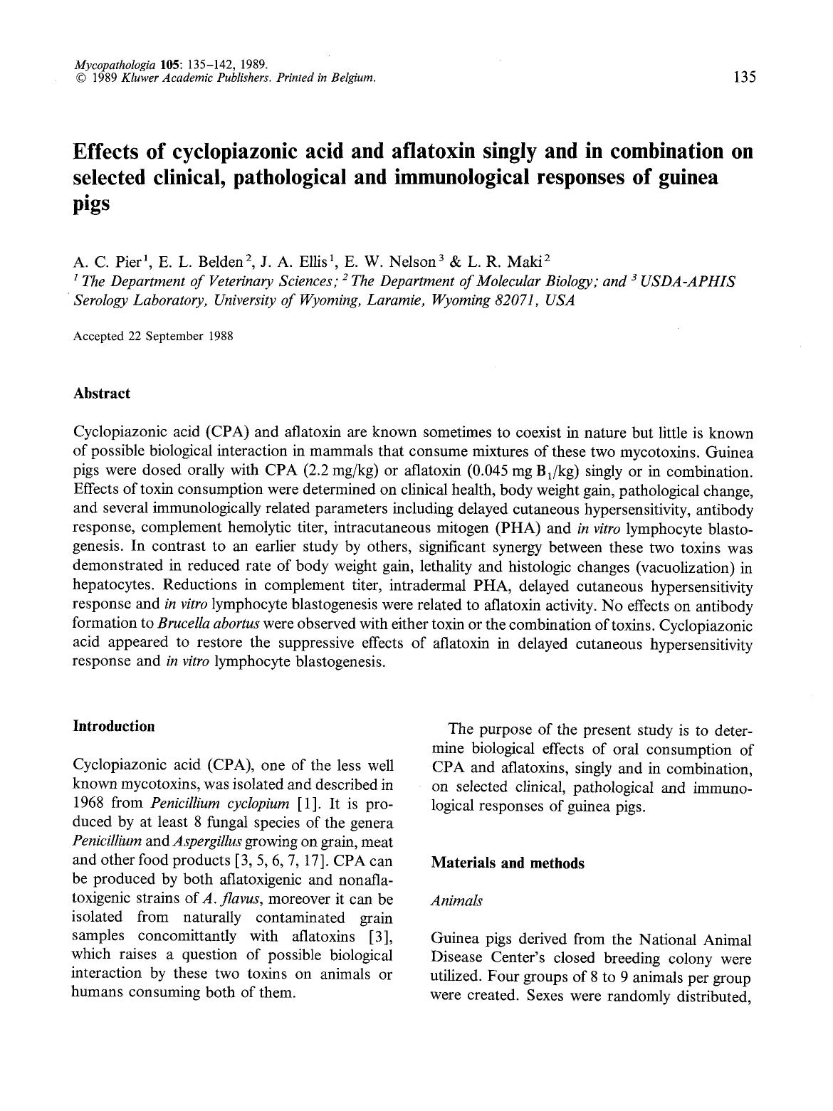 Effects of cyclopiazonic acid and aflatoxin singly and in combination on selected clinical, pathological and immunological responses of guinea pigs by Unknown