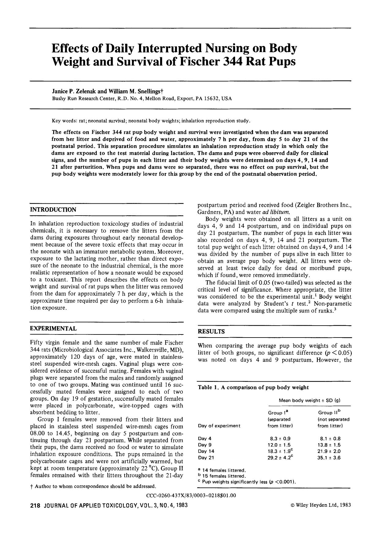 Effects of daily interrupted nursing on body weight and survival of fischer 344 rat pups by Unknown