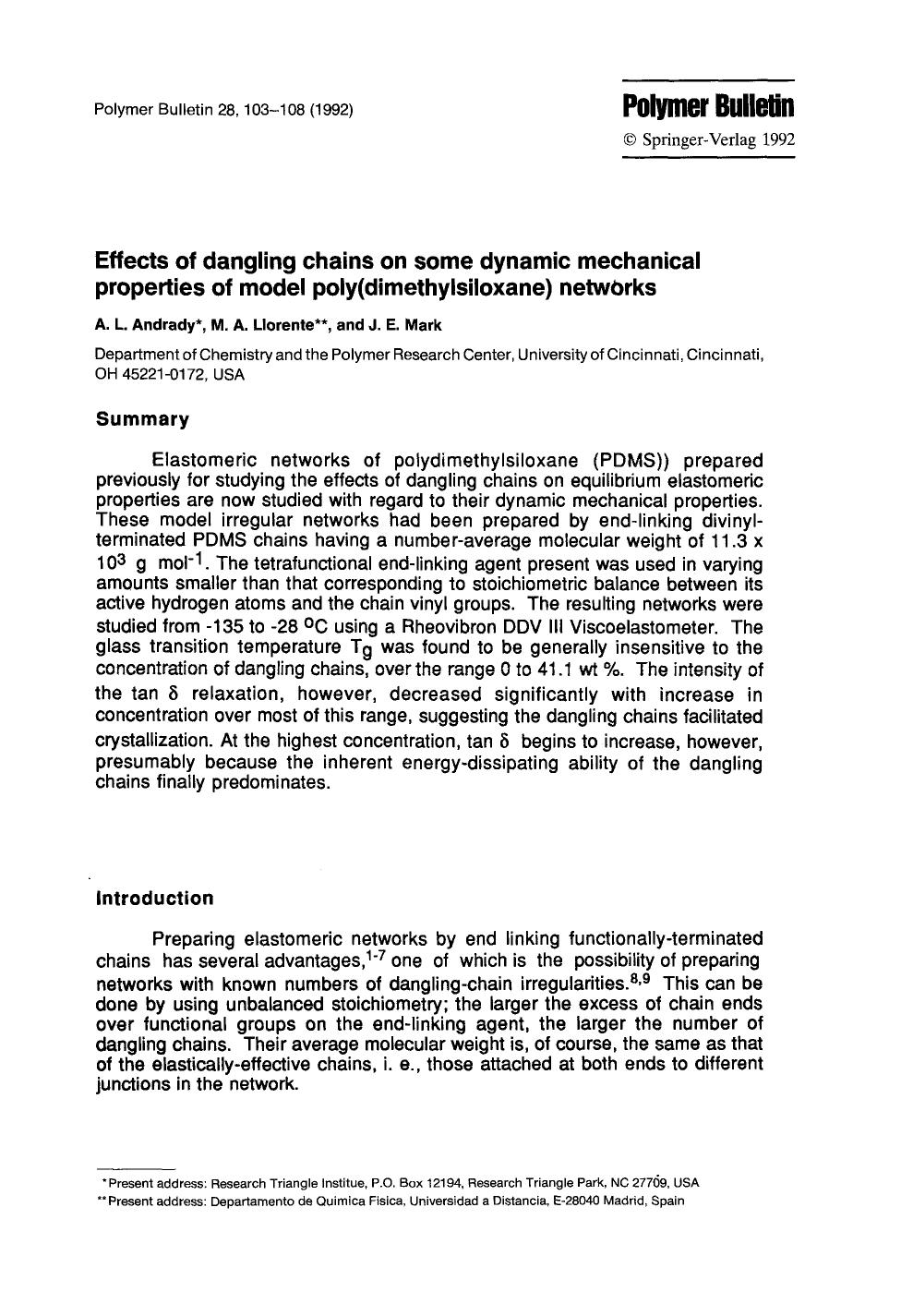 Effects of dangling chains on some dynamic mechanical properties of model poly(dimethylsiloxane) networks by Unknown