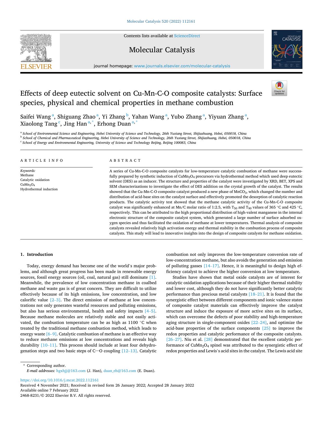 Effects of deep eutectic solvent on Cu-Mn-C-O composite catalysts: Surface species, physical and chemical properties in methane combustion by unknow