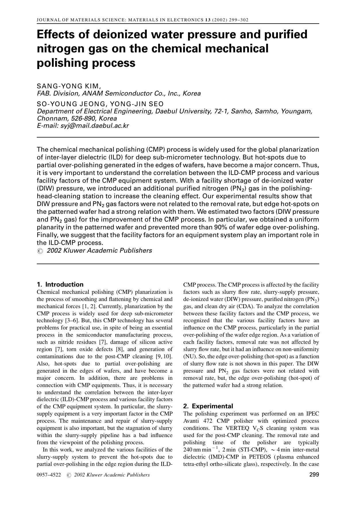 Effects of deionized water pressure and purified nitrogen gas on the chemical mechanical polishing process by Unknown