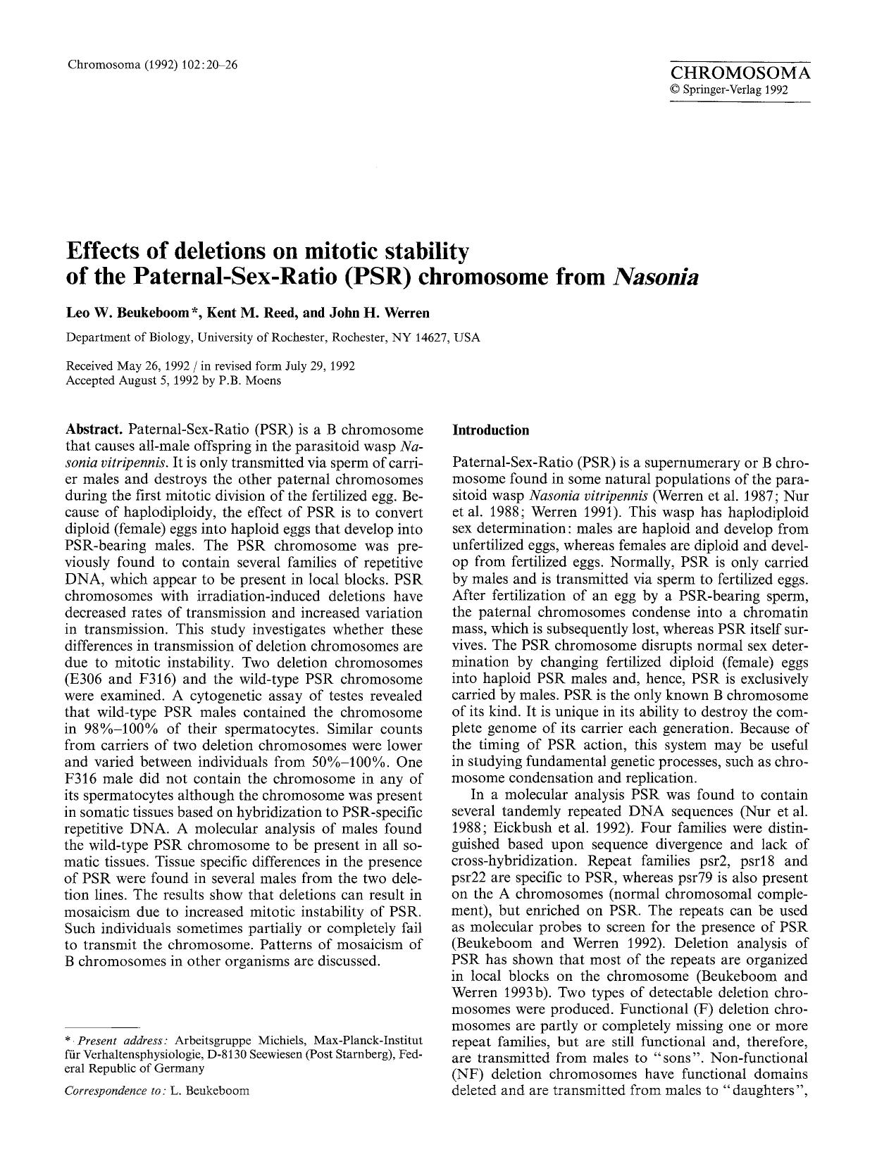 Effects of deletions on mitotic stability of the Paternal-Sex-Ratio (PSR) chromosome from <Emphasis Type="Italic">Nasonia<Emphasis> by Unknown