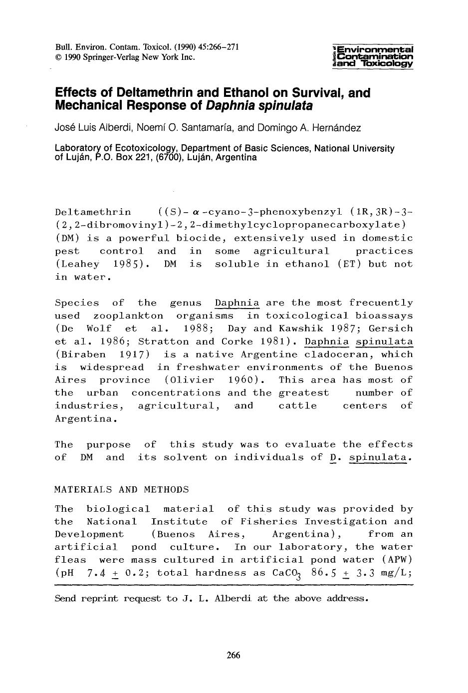 Effects of deltamethrin and ethanol on survival, and mechanical response of <Emphasis Type="Italic">Daphnia spinulata <Emphasis> by Unknown