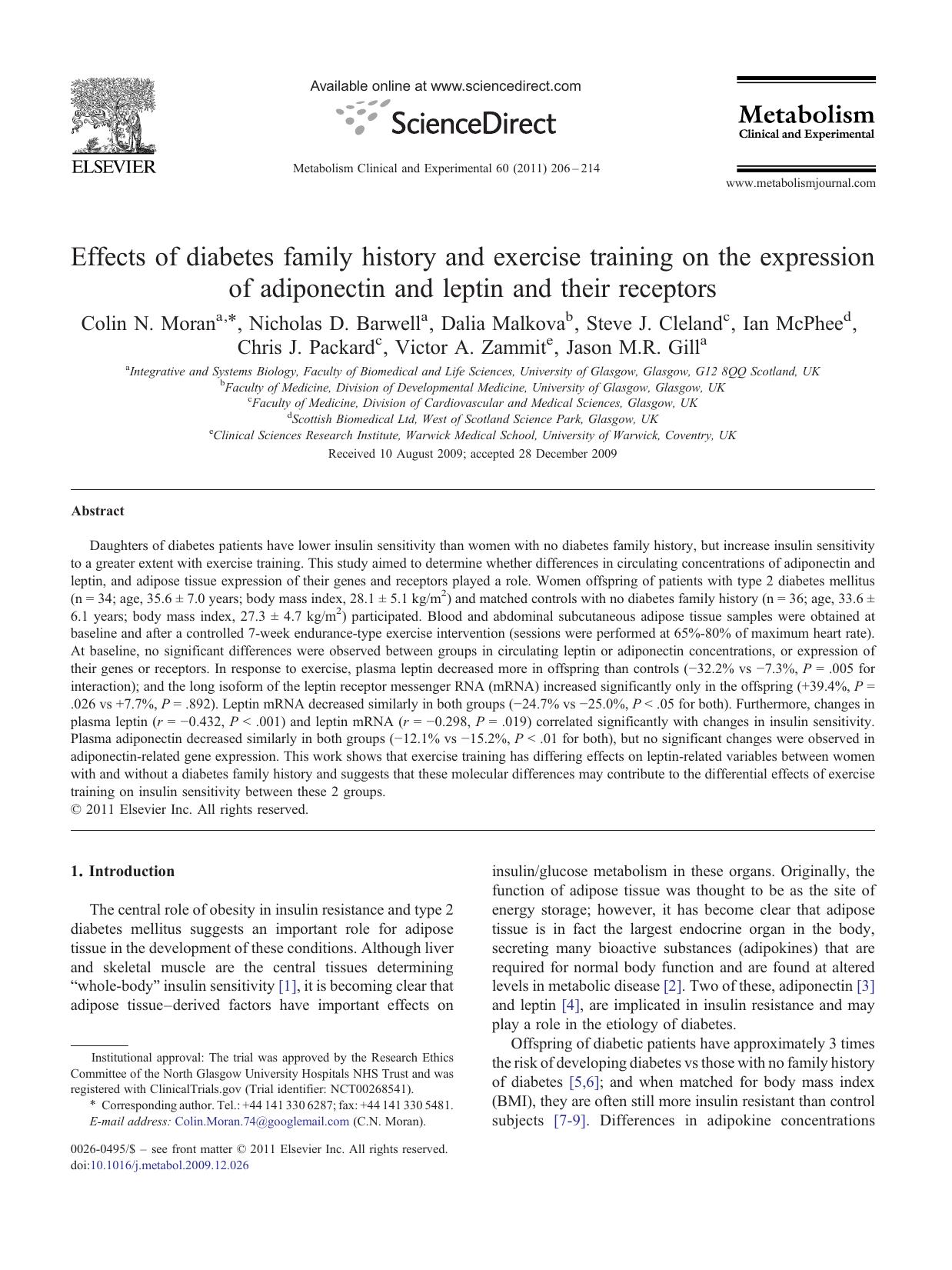 Effects of diabetes family history and exercise training on the expression of adiponectin and leptin and their receptors by unknow
