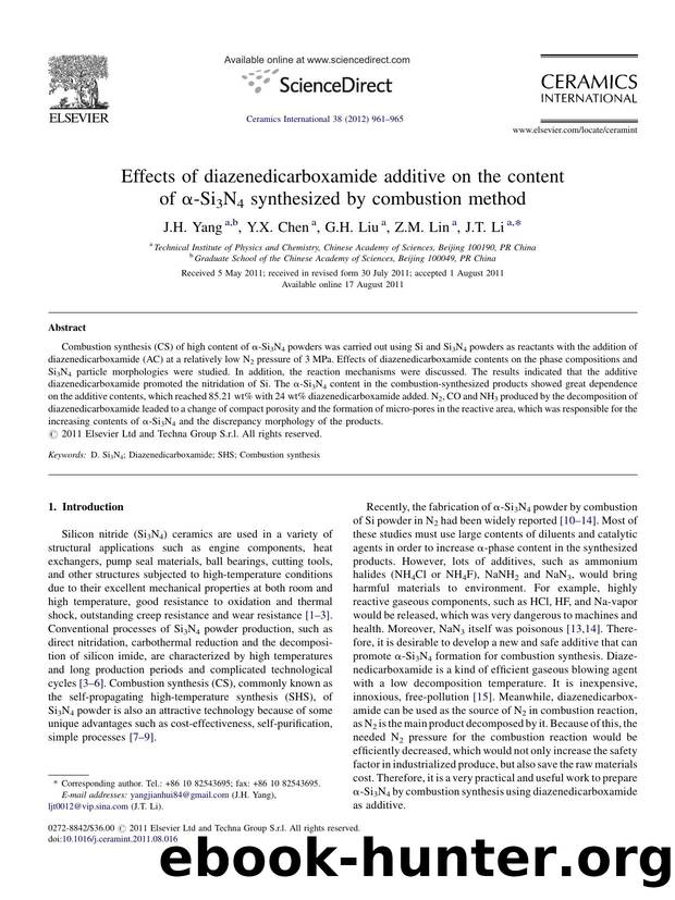 Effects of diazenedicarboxamide additive on the content of Î±-Si3N4 synthesized by combustion method by J.H. Yang