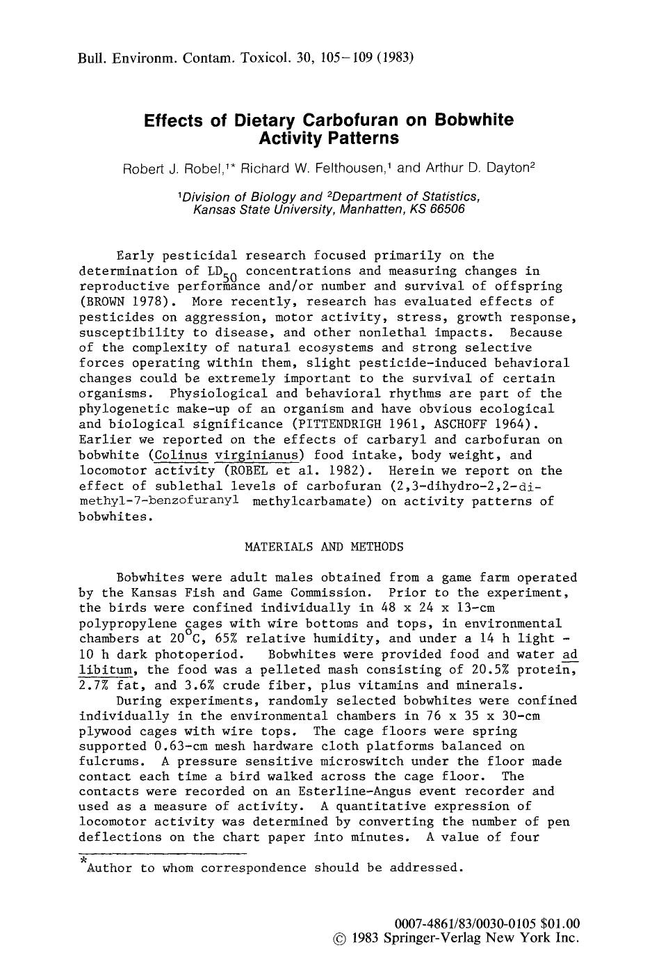 Effects of dietary carbofuran on bobwhite activity patterns by Unknown