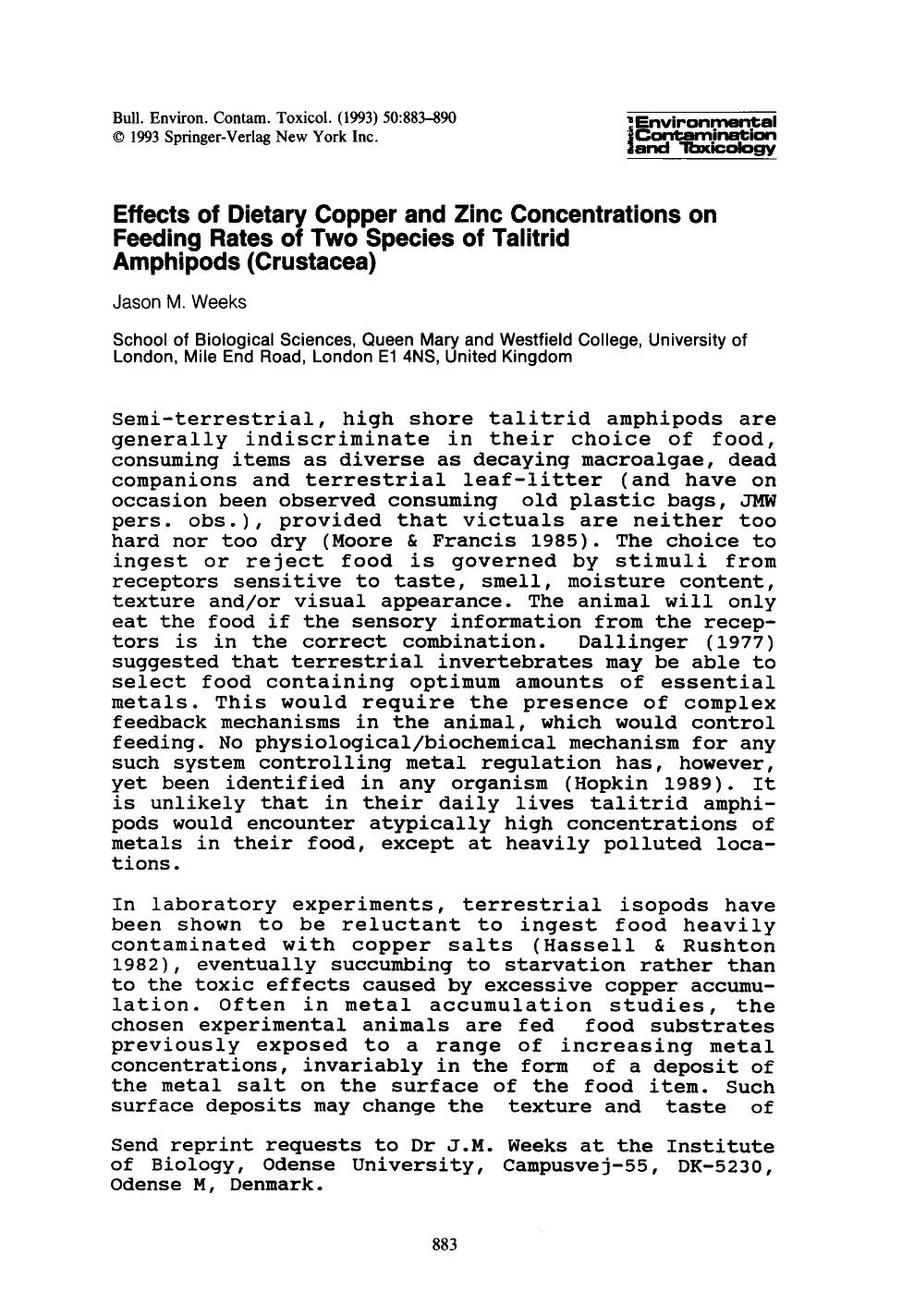 Effects of dietary copper and zinc concentrations on feeding rates of two species of talitrid amphipods (Crustacea) by Unknown