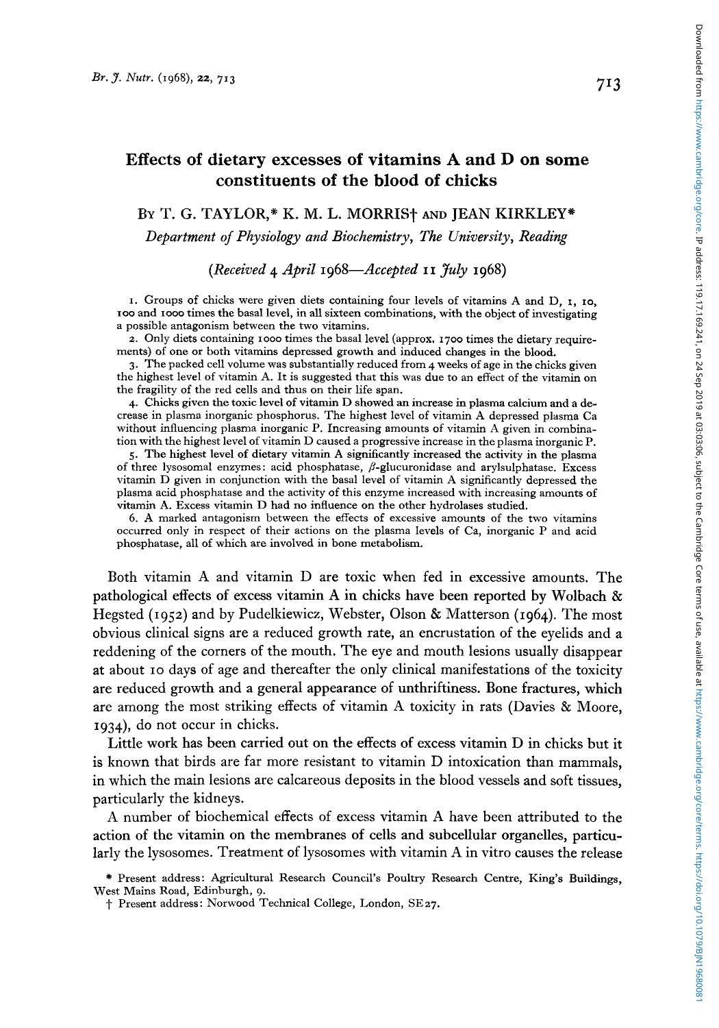 Effects of dietary excesses of vitamins A and D on some constituents of the blood of chicks by T. G. Taylor K. M. L. Morris & Jean Kirkley