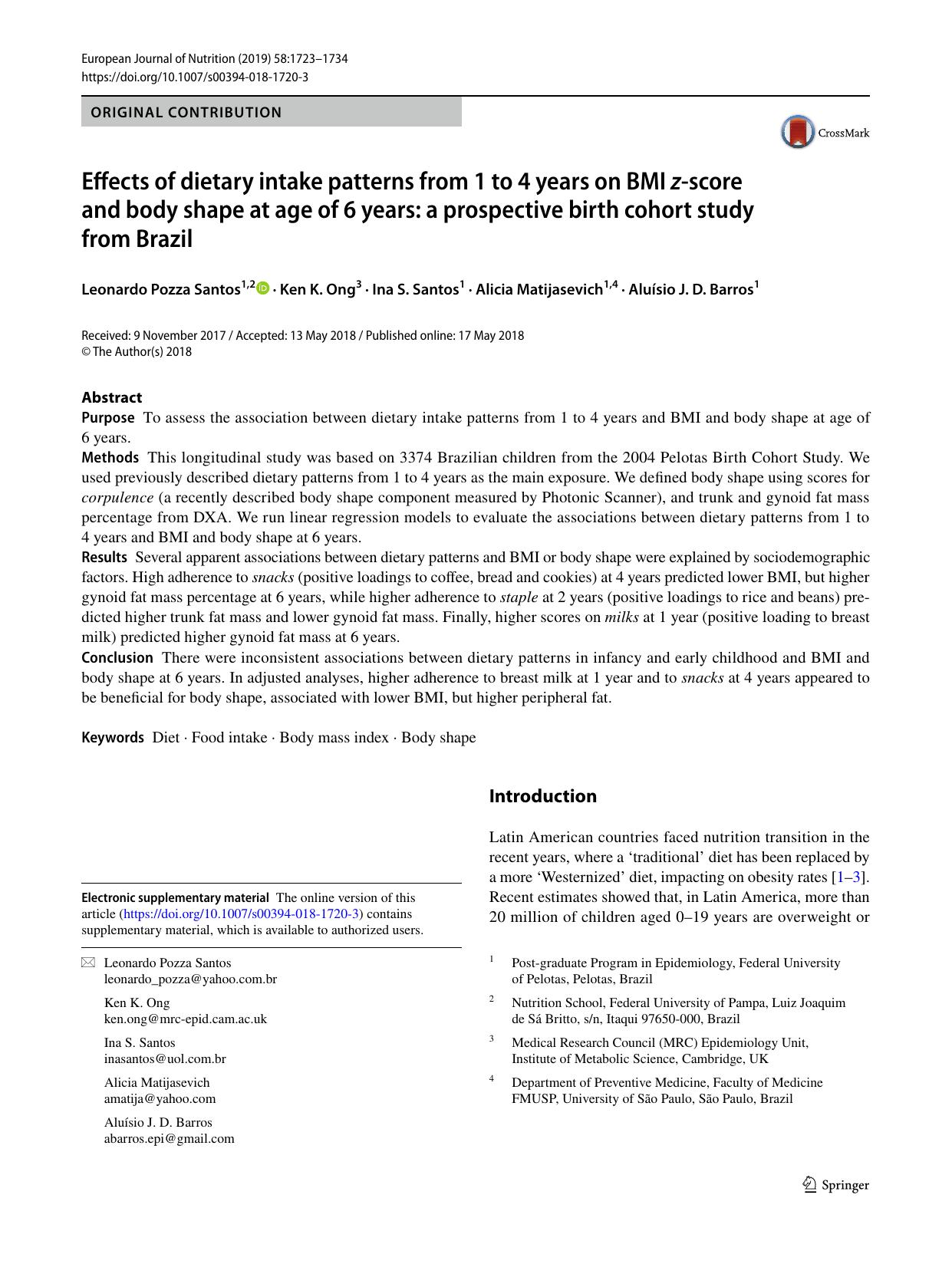 Effects of dietary intake patterns from 1 to 4 years on BMI z-score and body shape at age of 6 years: a prospective birth cohort study from Brazil by Leonardo Pozza Santos