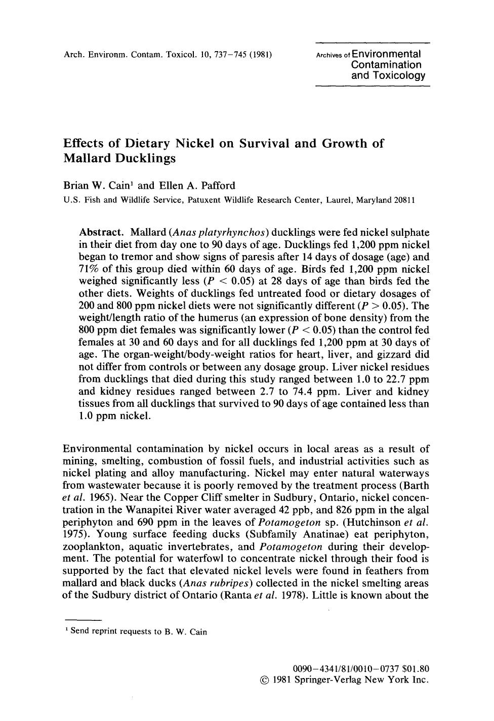 Effects of dietary nickel on survival and growth of mallard ducklings by Unknown