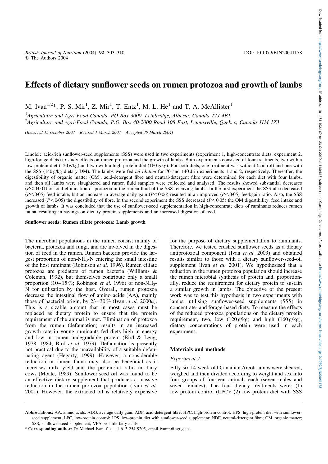 Effects of dietary sunflower seeds on rumen protozoa and growth of lambs by M. Ivan P. S. Mir Z. Mir T. Entz M. L. He T. A. McAllister