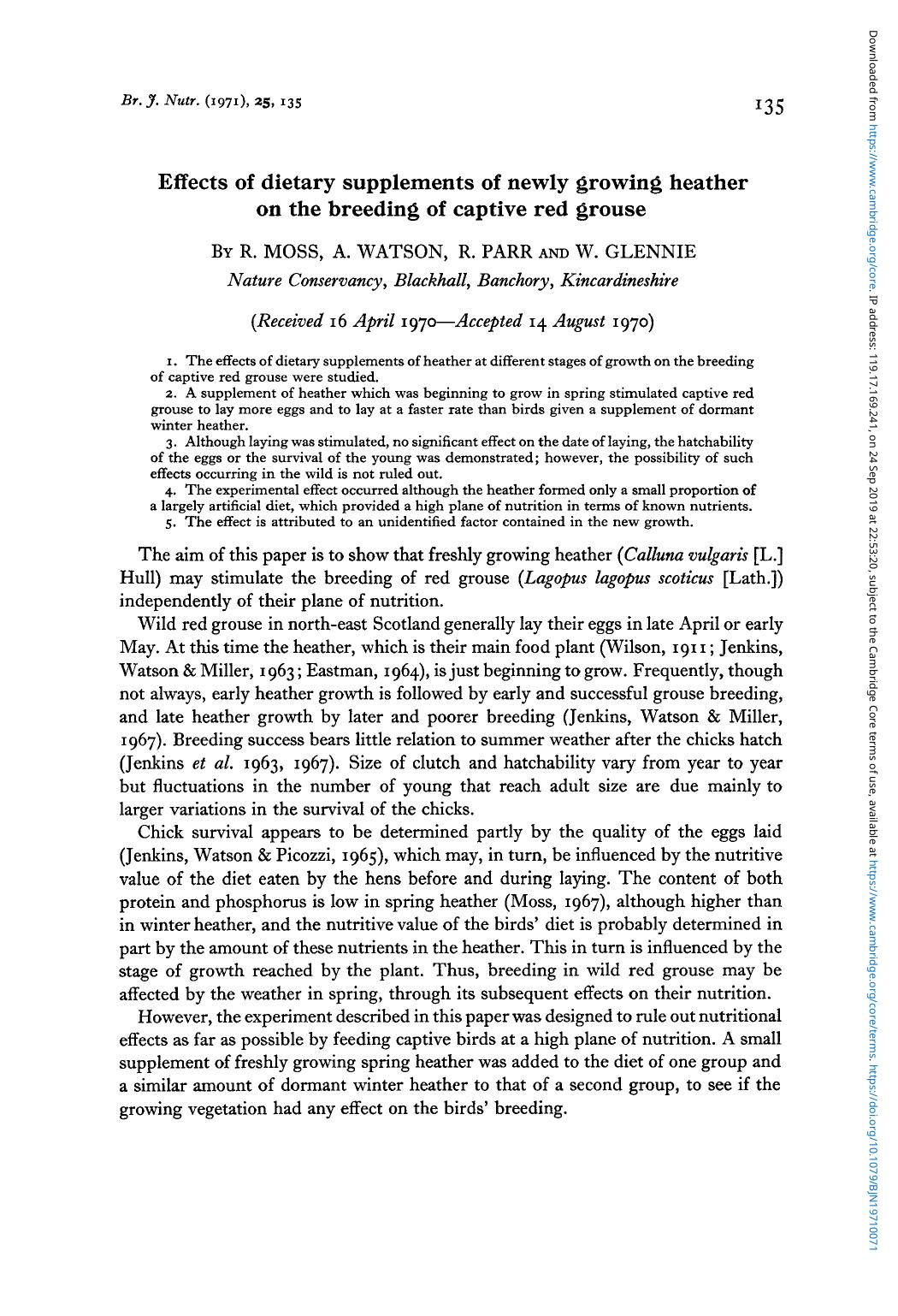 Effects of dietary supplements of newly growing heather on the breeding of captive red grouse by R. Moss A. Watson R. Parr W. Glennie