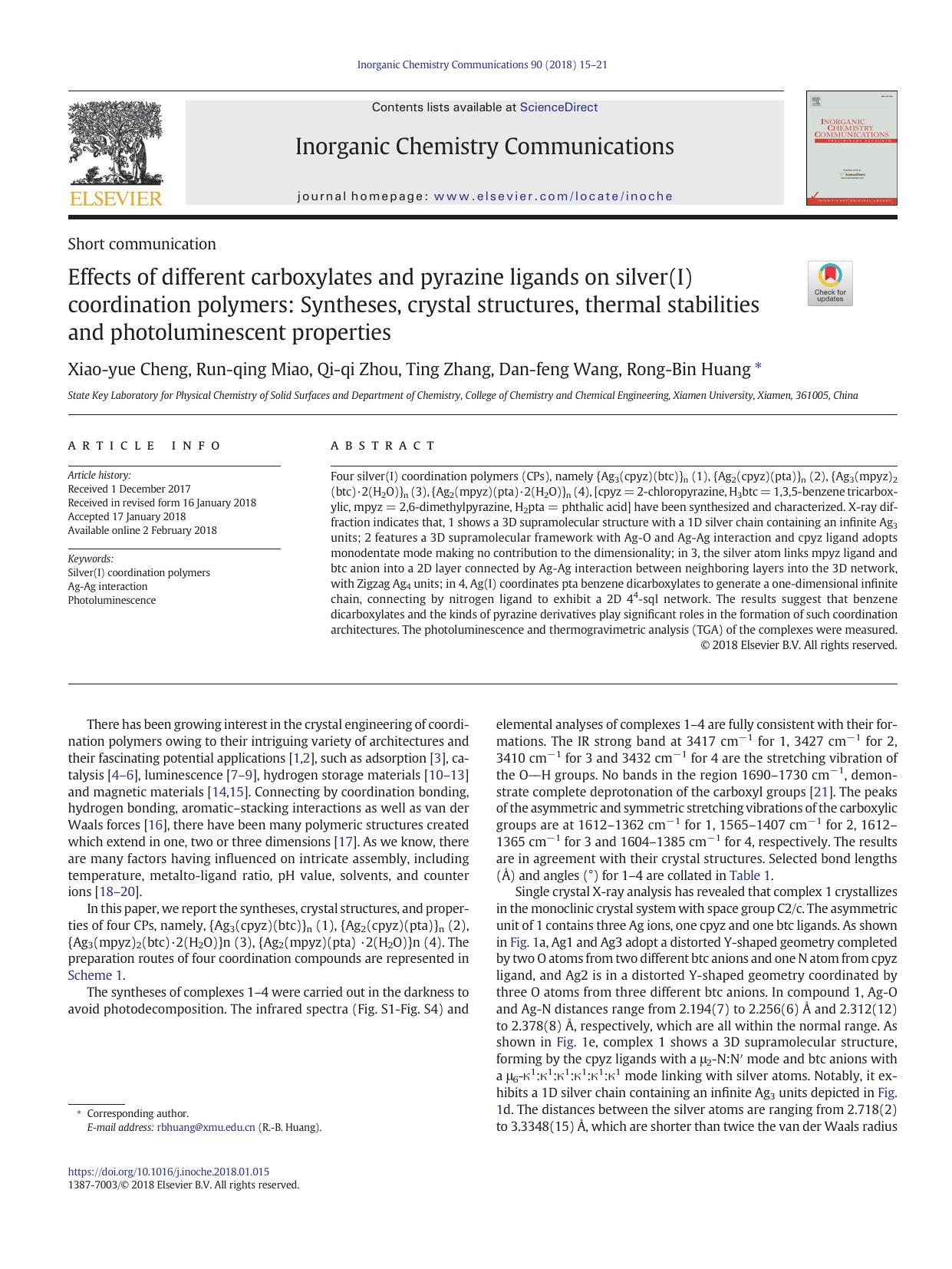 Effects of different carboxylates and pyrazine ligands on silver(I) coordination polymers: Syntheses, crystal structures, thermal stabilities and photoluminescent properties by Xiao-yue Cheng & Run-qing Miao & Qi-qi Zhou & Ting Zhang & Dan-feng Wang & Rong-Bin Huang