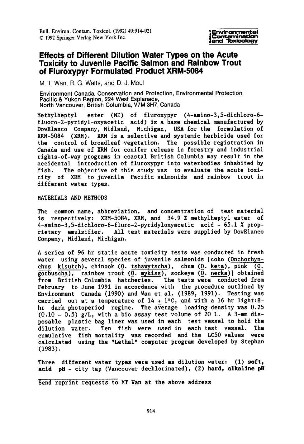 Effects of different dilution water types on the acute toxicity to juvenile pacific salmon and rainbow trout of fluroxypyr formulated product XRM-5084 by Unknown