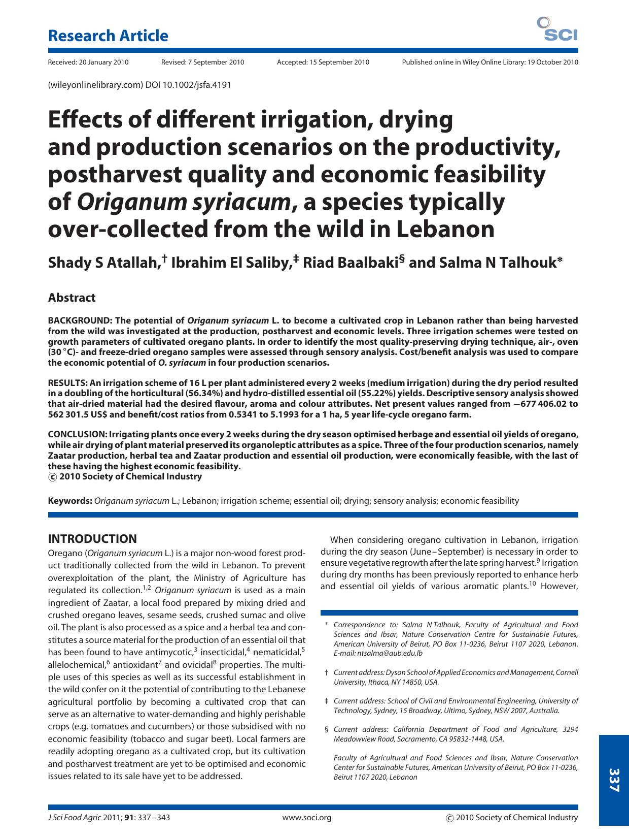 Effects of different irrigation, drying and production scenarios on the productivity, postharvest quality and economic feasibility of Origanum syriacum, a species typically overcol by Unknown