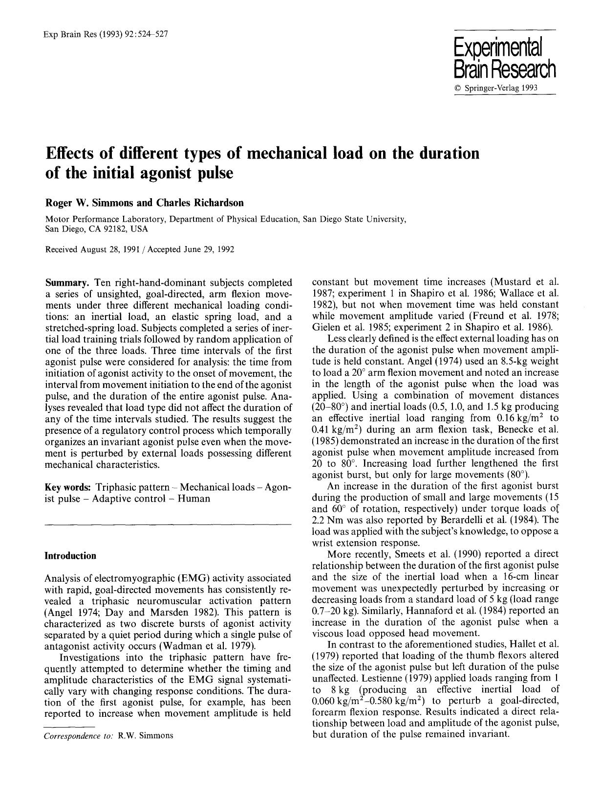 Effects of different types of mechanical load on the duration of the initial agonist pulse by Unknown