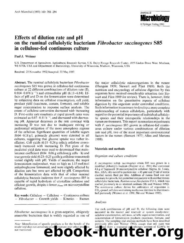 Effects of dilution rate and pH on the ruminal cellulolytic bacterium <Emphasis Type="Italic">Fibrobacter succinogenes<Emphasis> S85 in cellulose-fed continuous culture by Unknown