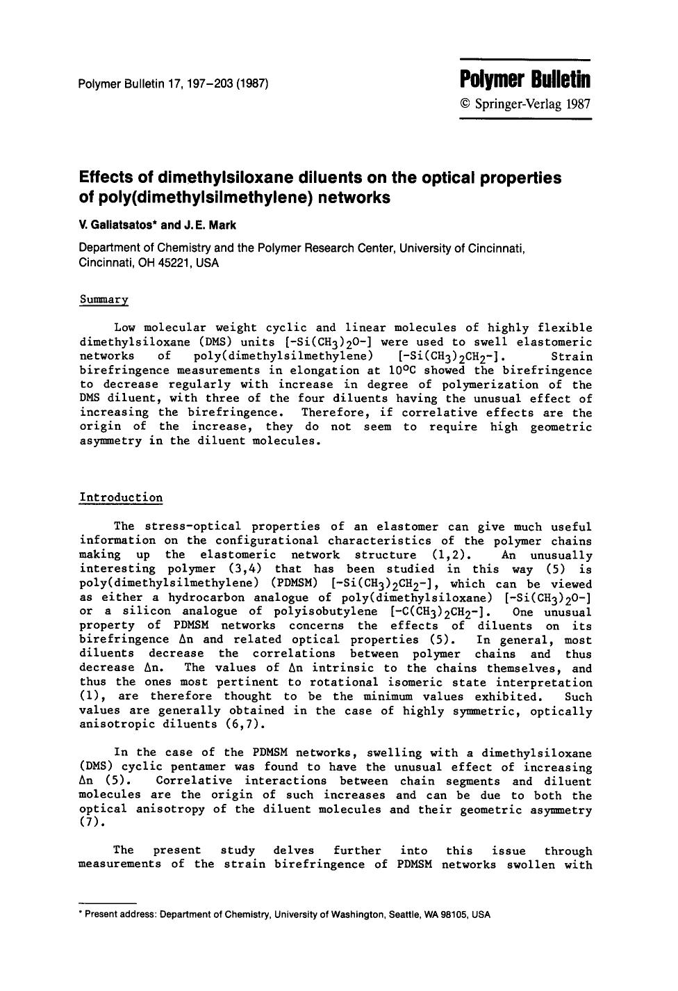 Effects of dimethylsiloxane diluents on the optical properties of poly(dimethylsilmethylene) networks by Unknown