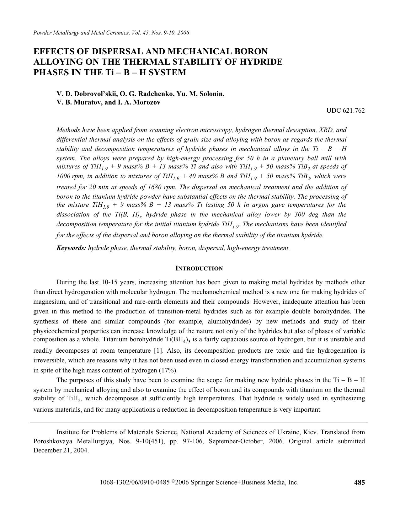 Effects of dispersal and mechanical boron alloying on the thermal stability of hydride phases in the Ti-B-H system by Unknown