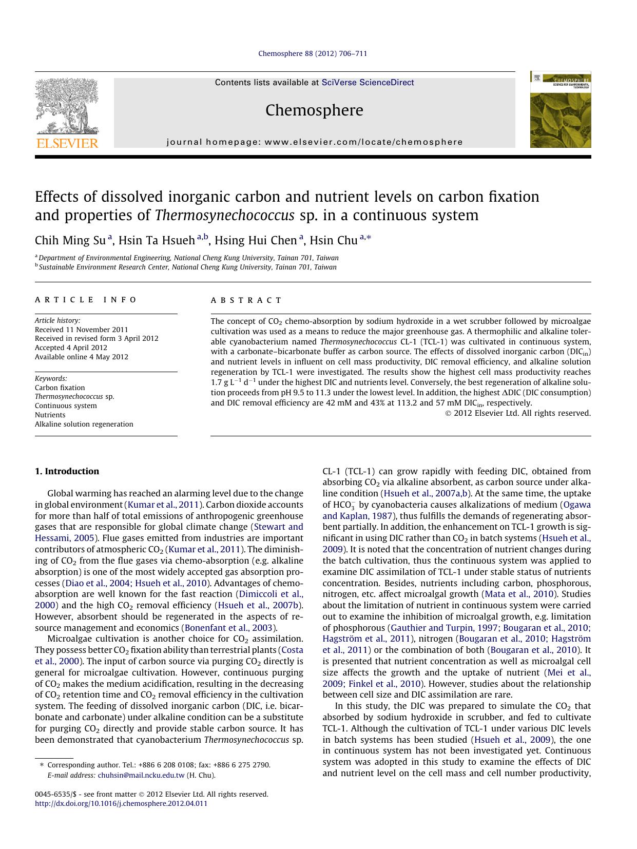 Effects of dissolved inorganic carbon and nutrient levels on carbon fixation and properties of Thermosynechococcus sp. in a continuous system by Chih Ming Su & Hsin Ta Hsueh & Hsing Hui Chen & Hsin Chu