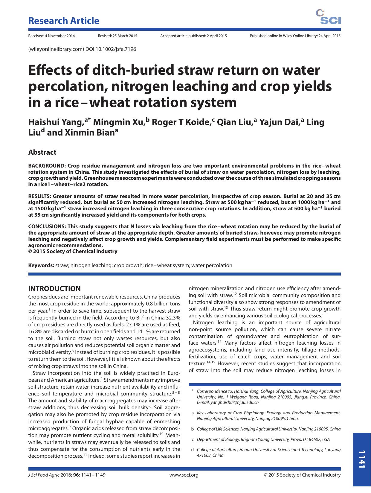 Effects of ditch-buried straw return on water percolation, nitrogen leaching and crop yields in a rice--wheat rotation system by Unknown