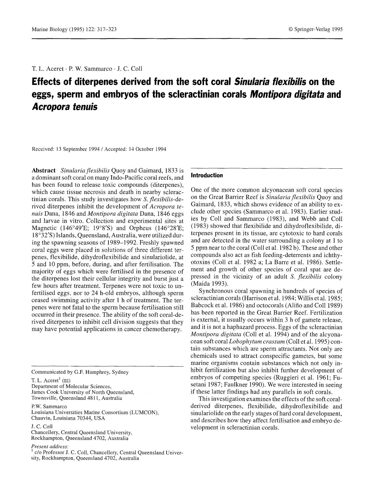 Effects of diterpenes derived from the soft coral <Emphasis Type="Italic">Sinularia flexibilis<Emphasis> on the eggs, sperm and embryos of the scleractinian corals <Emphasis Type=" by Unknown