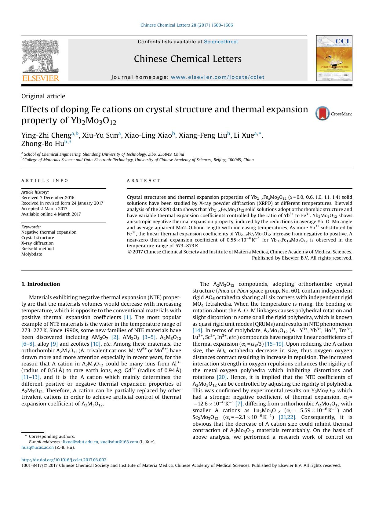 Effects of doping Fe cations on crystal structure and thermal expansion property of Yb2Mo3O12 by Ying-Zhi Cheng & Xiu-Yu Sun & Xiao-Ling Xiao & Xiang-Feng Liu & Li Xue & Zhong-Bo Hu