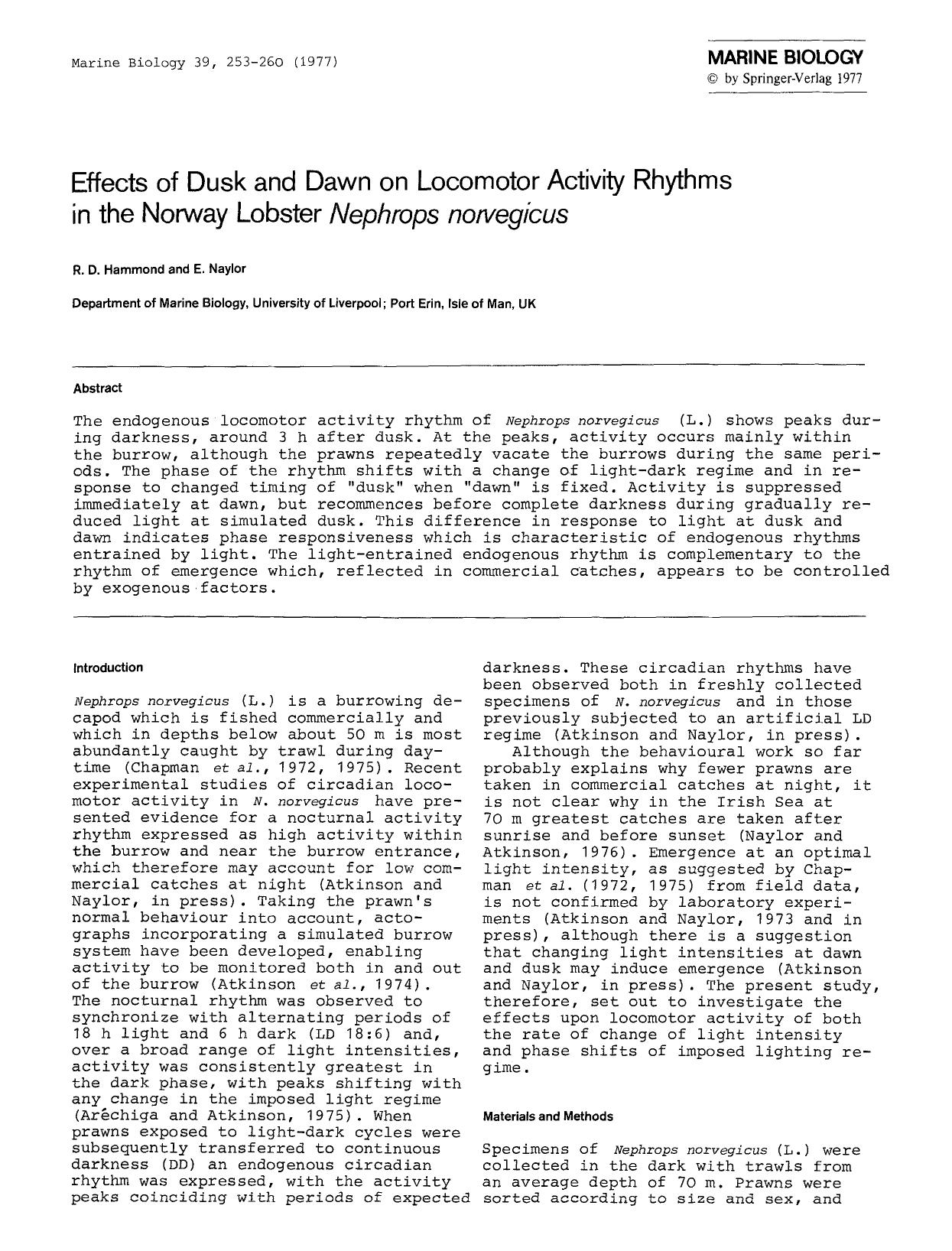 Effects of dusk and dawn on locomotor activity rhythms in the norway lobster <Emphasis Type="Italic">Nephrops norvegicus<Emphasis> by Unknown