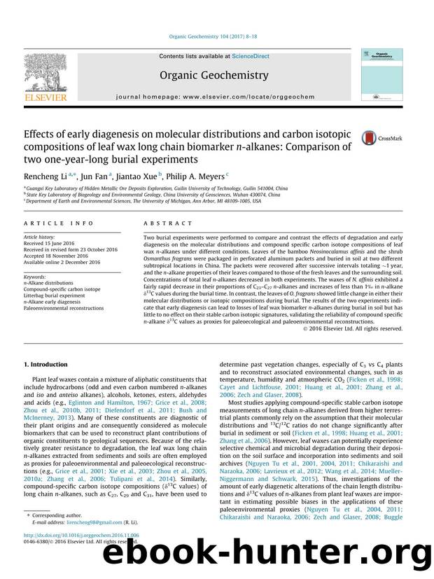 Effects of early diagenesis on molecular distributions and carbon isotopic compositions of leaf wax long chain biomarker n-alkanes: Comparison of two one-year-long burial experiments by Rencheng Li & Jun Fan & Jiantao Xue & Philip A. Meyers