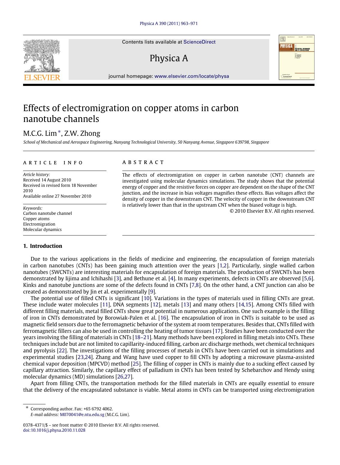 Effects of electromigration on copper atoms in carbon nanotube channels by M.C.G. Lim & Z.W. Zhong
