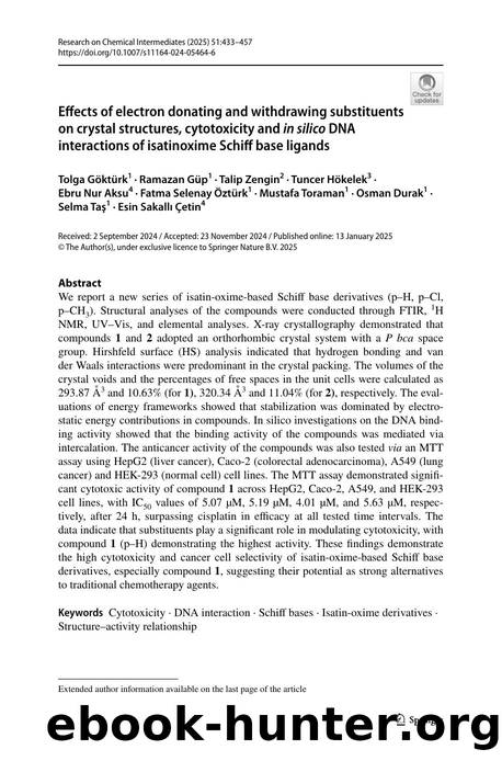 Effects of electron donating and withdrawing substituents on crystal structures, cytotoxicity and in silico DNA interactions of isatinoxime Schiff base ligands by unknow