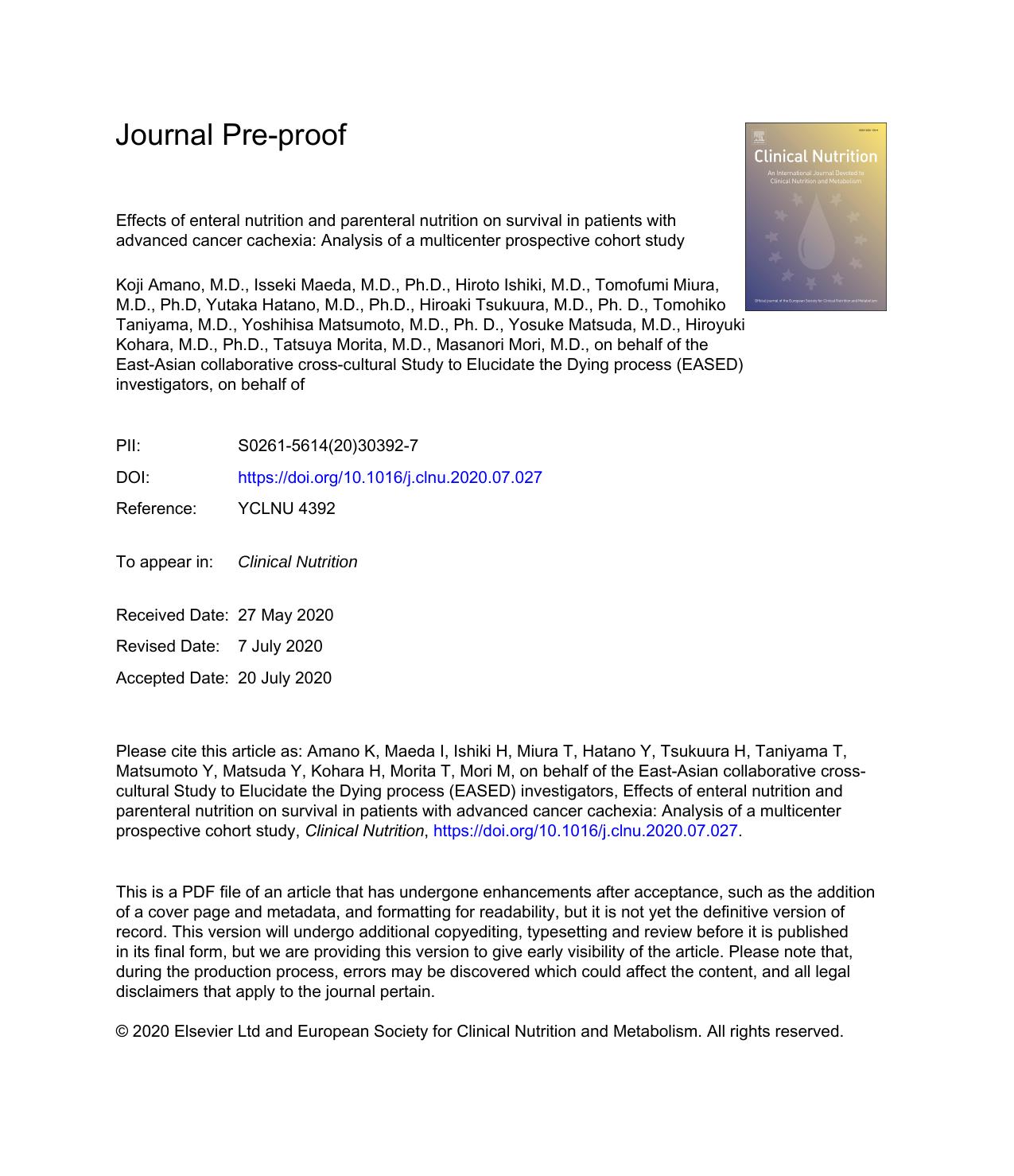 Effects of enteral nutrition and parenteral nutrition on survival in patients with advanced cancer cachexia: Analysis of a multicenter prospective cohort study by unknow
