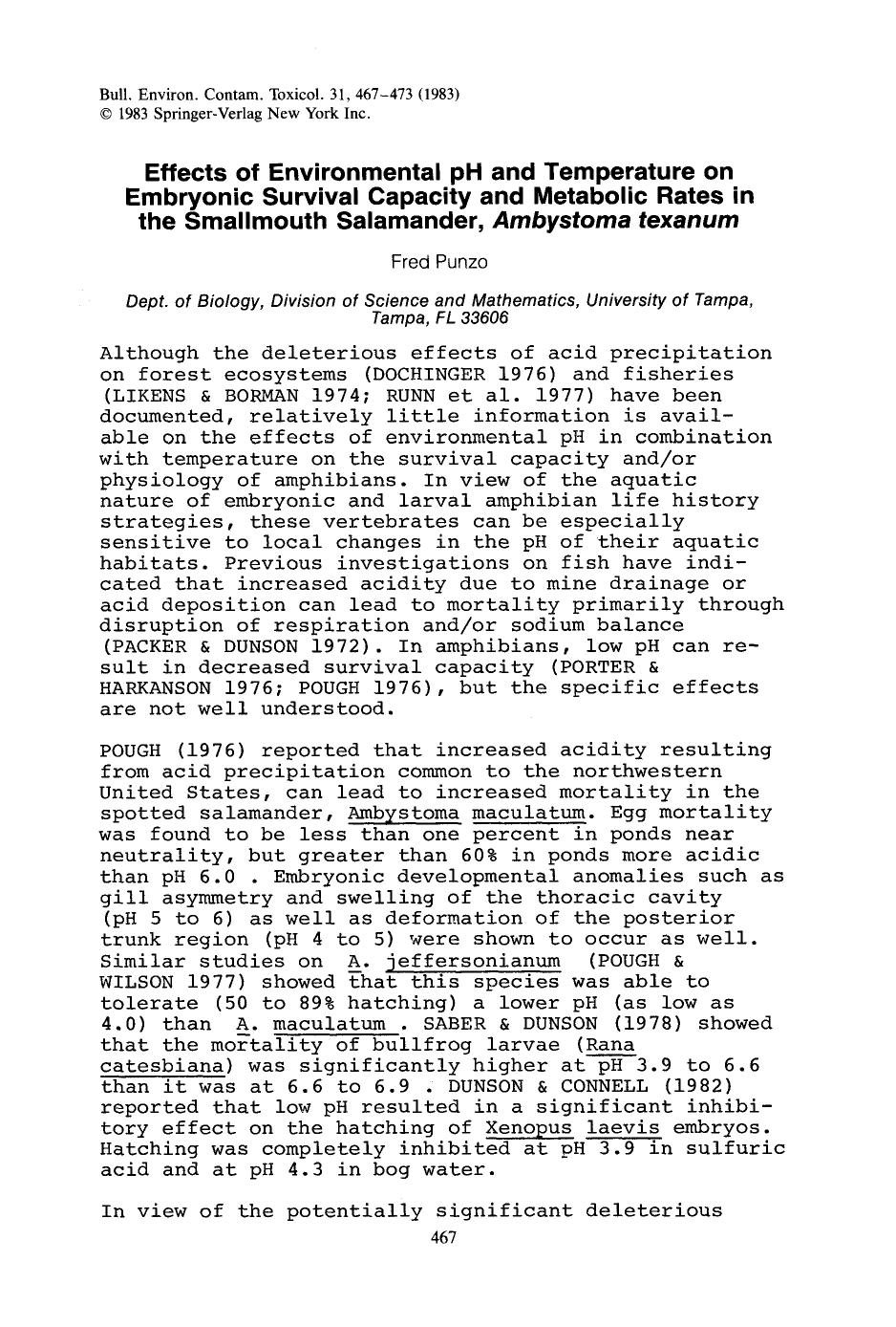 Effects of environmental pH and temperature on embryonic survival capacity and metabolic rates in the smallmouth salamander, <Emphasis Type="Italic">Ambystoma texanum <Emphasis> by Unknown