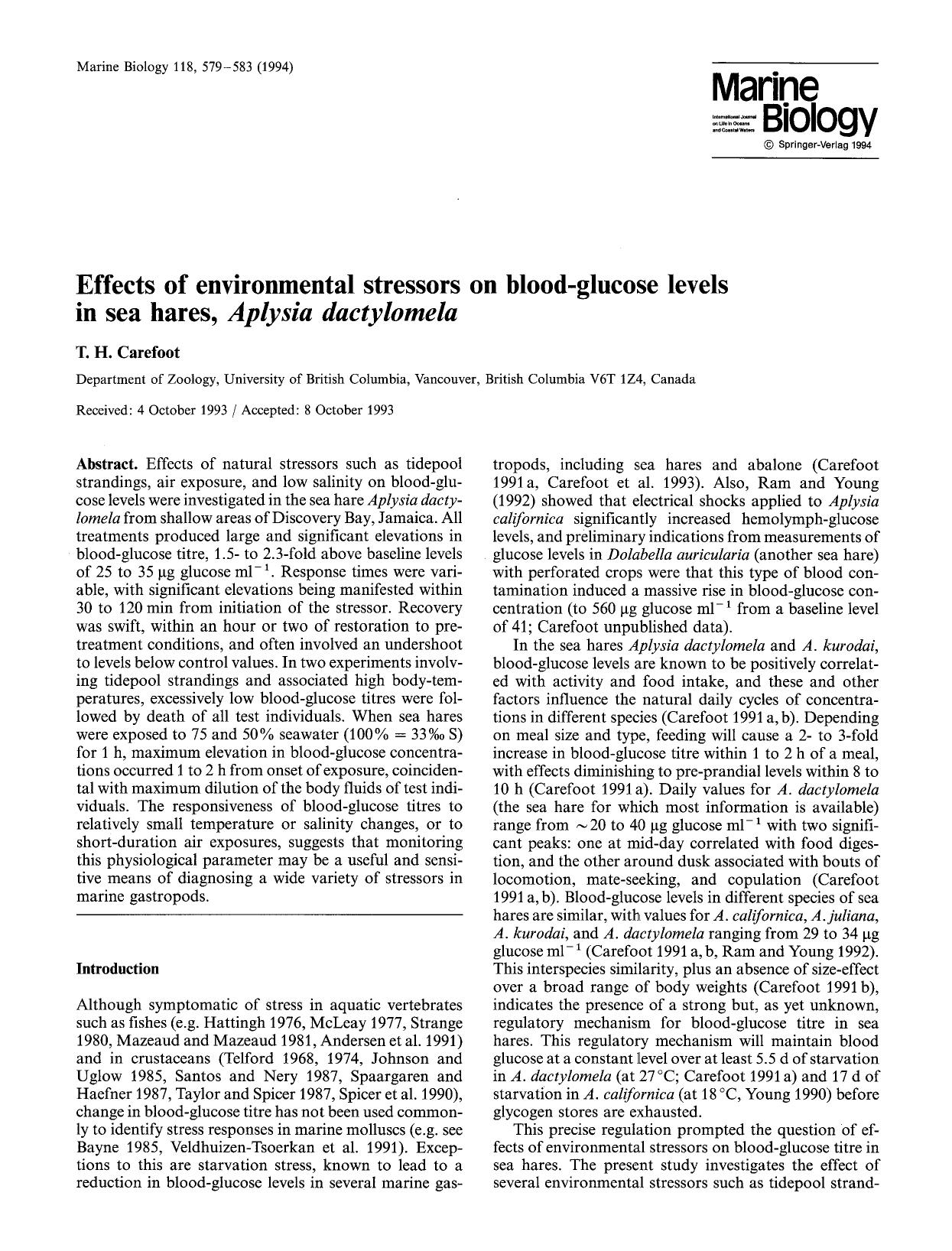Effects of environmental stressors on blood-glucose levels in sea hares, <Emphasis Type="Italic">Aplysia dactylomela<Emphasis> by Unknown