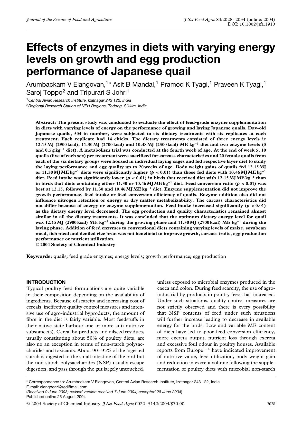 Effects of enzymes in diets with varying energy levels on growth and egg production performance of Japanese quail by Unknown
