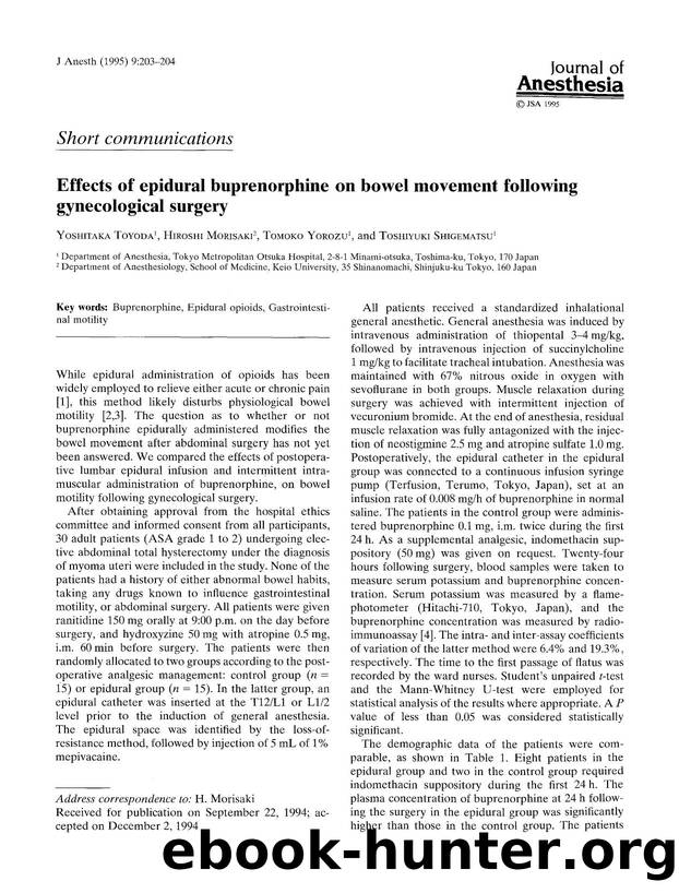 Effects of epidural buprenorphine on bowel movement following gynecological surgery by Unknown