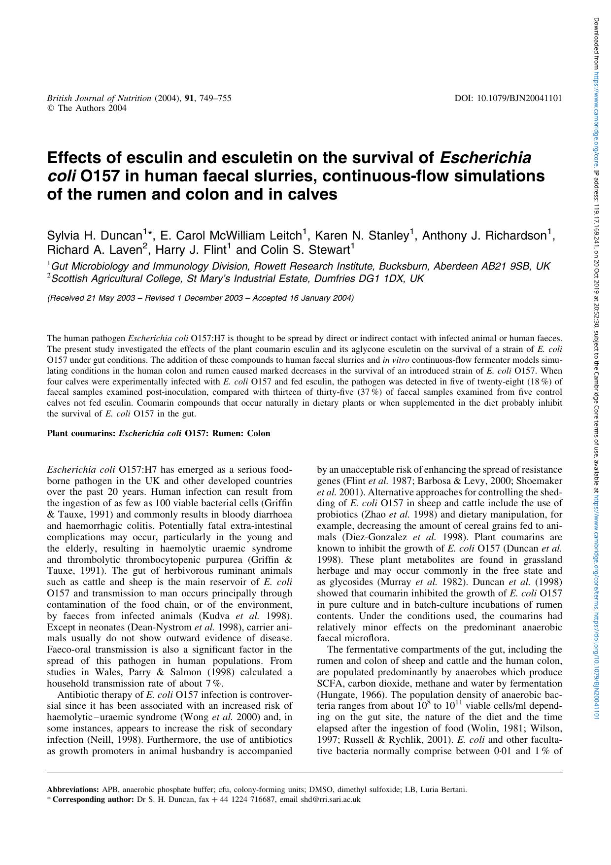 Effects of esculin and esculetin on the survival of Escherichia coli O157 in human faecal slurries, continuous-flow simulations of the rumen and colon and in calves by unknow