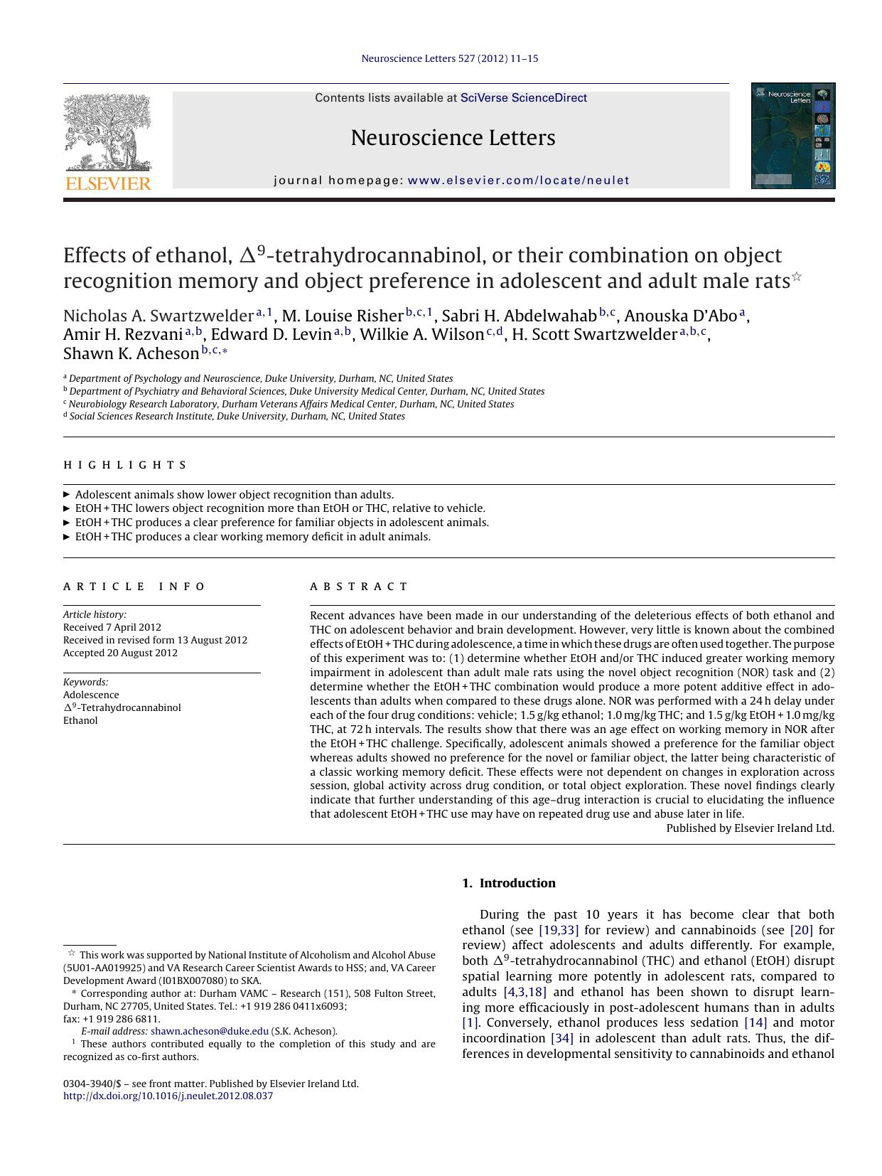 Effects of ethanol, Î9-tetrahydrocannabinol, or their combination on object recognition memory and object preference in adolescent and adult male rats by Nicholas A. Swartzwelder