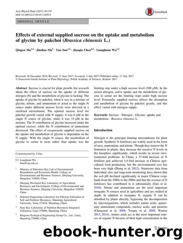 Effects of external supplied sucrose on the uptake and metabolism of glycine by pakchoi (Brassica chinensis L.) by Qingxu Ma & Jinzhao Ma & Yan Sun & Jianqiu Chen & Lianghuan Wu