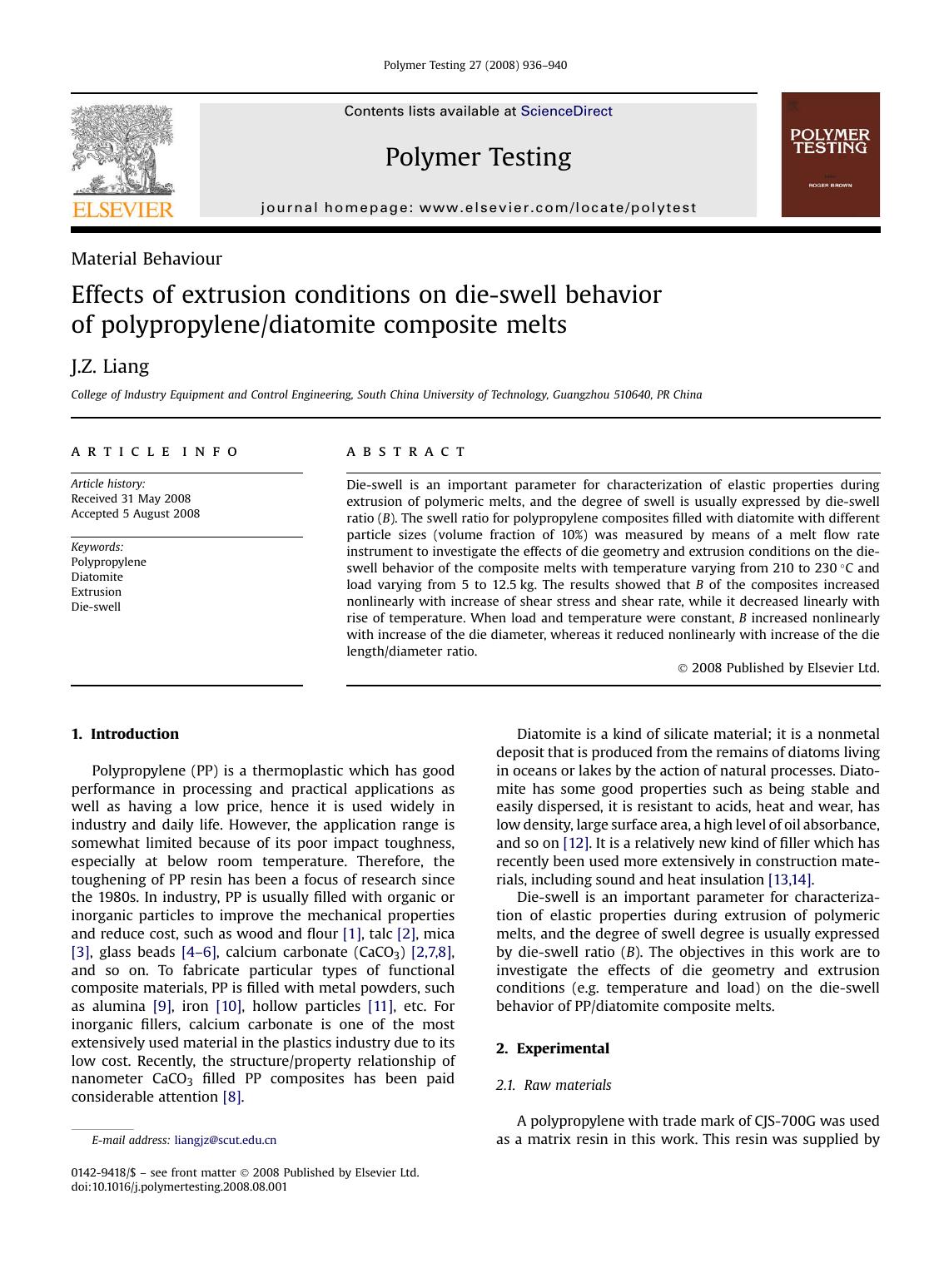 Effects of extrusion conditions on die-swell behavior of polypropylenediatomite composite melts by J.Z. Liang
