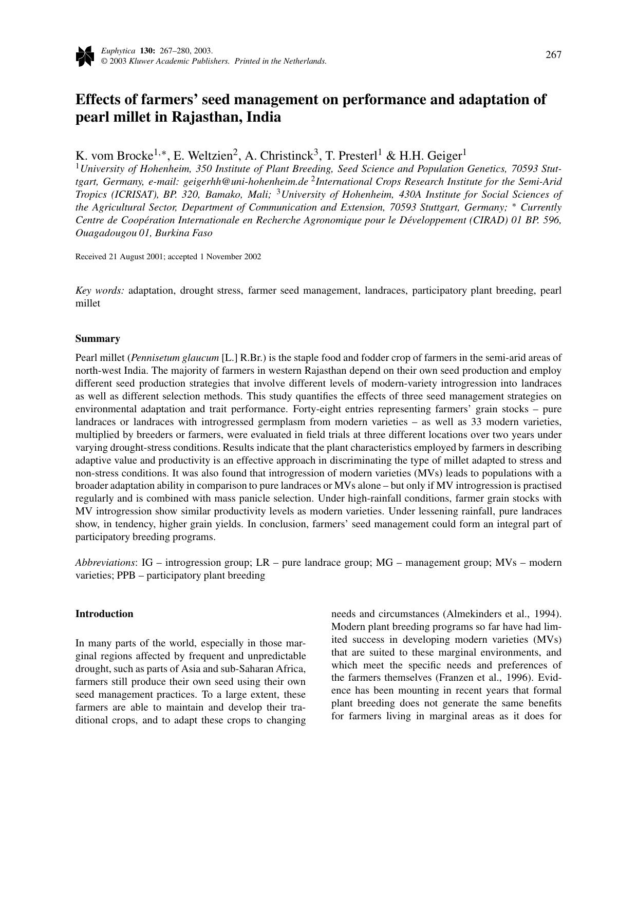 Effects of farmers' seed management on performance and adaptation of pearl millet in Rajasthan, India by Unknown