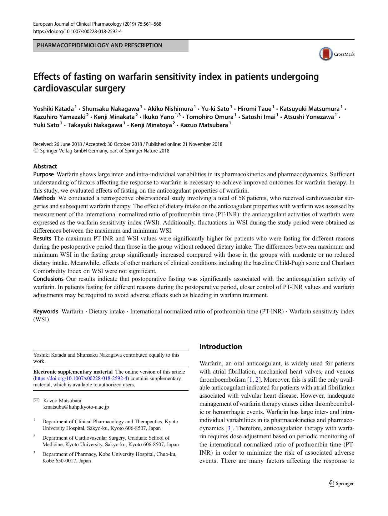Effects of fasting on warfarin sensitivity index in patients undergoing cardiovascular surgery by unknow