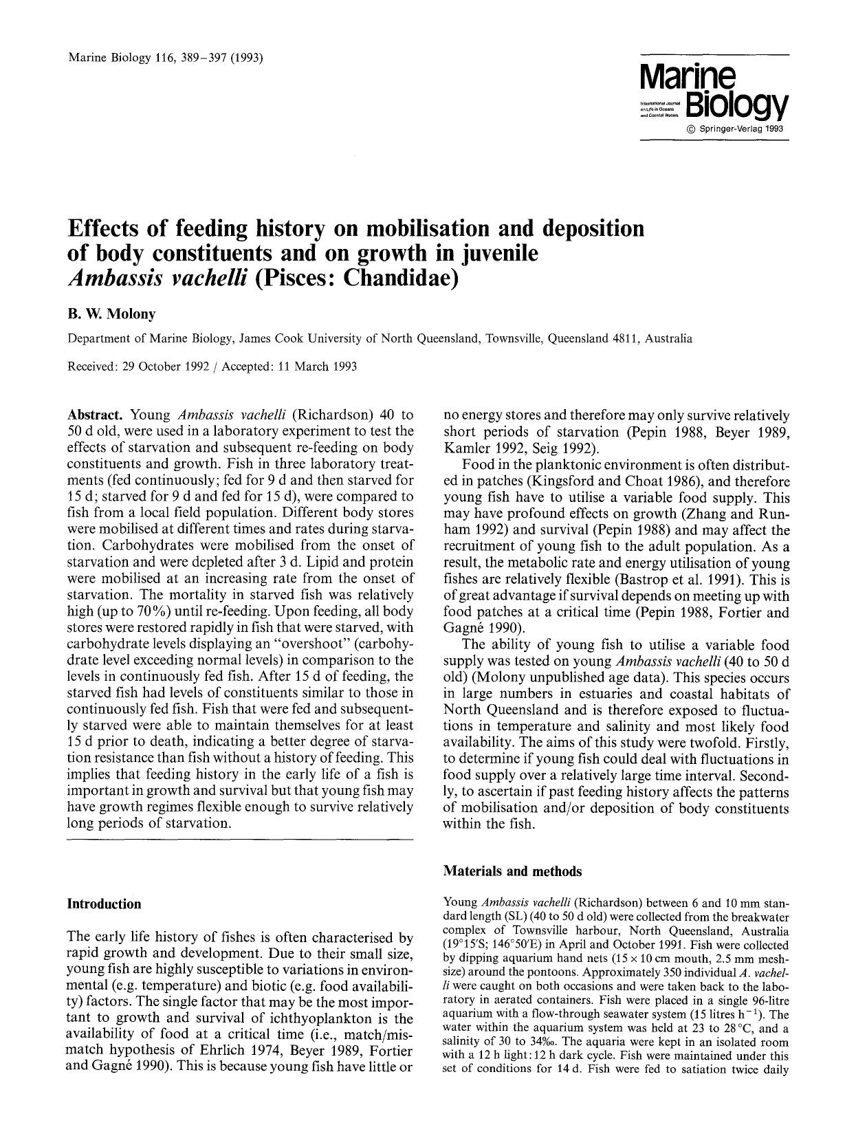 Effects of feeding history on mobilisation and deposition of body constituents and on growth in juvenile <Emphasis Type="Italic">Ambassis vachelli<Emphasis> (Pisces: Chandidae) by Unknown