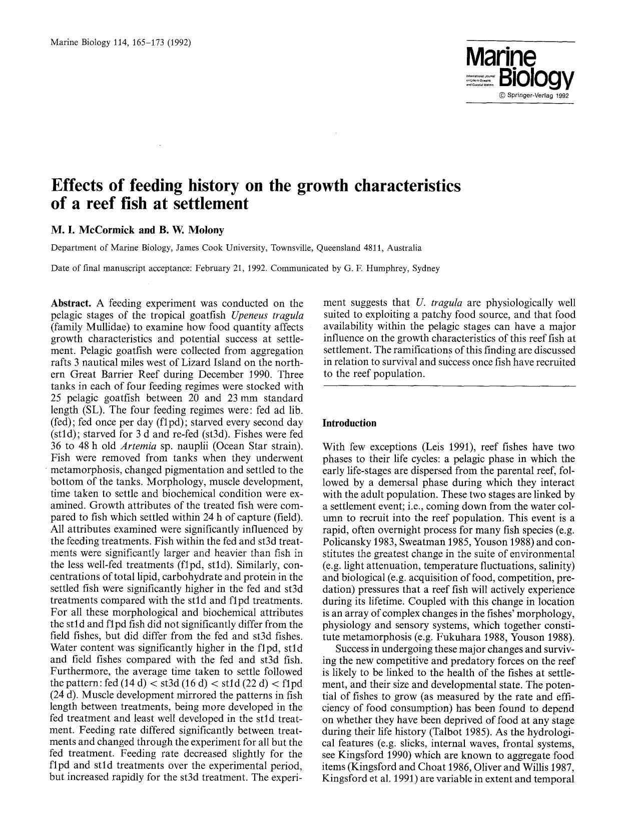 Effects of feeding history on the growth characteristics of a reef fish at settlement by Unknown