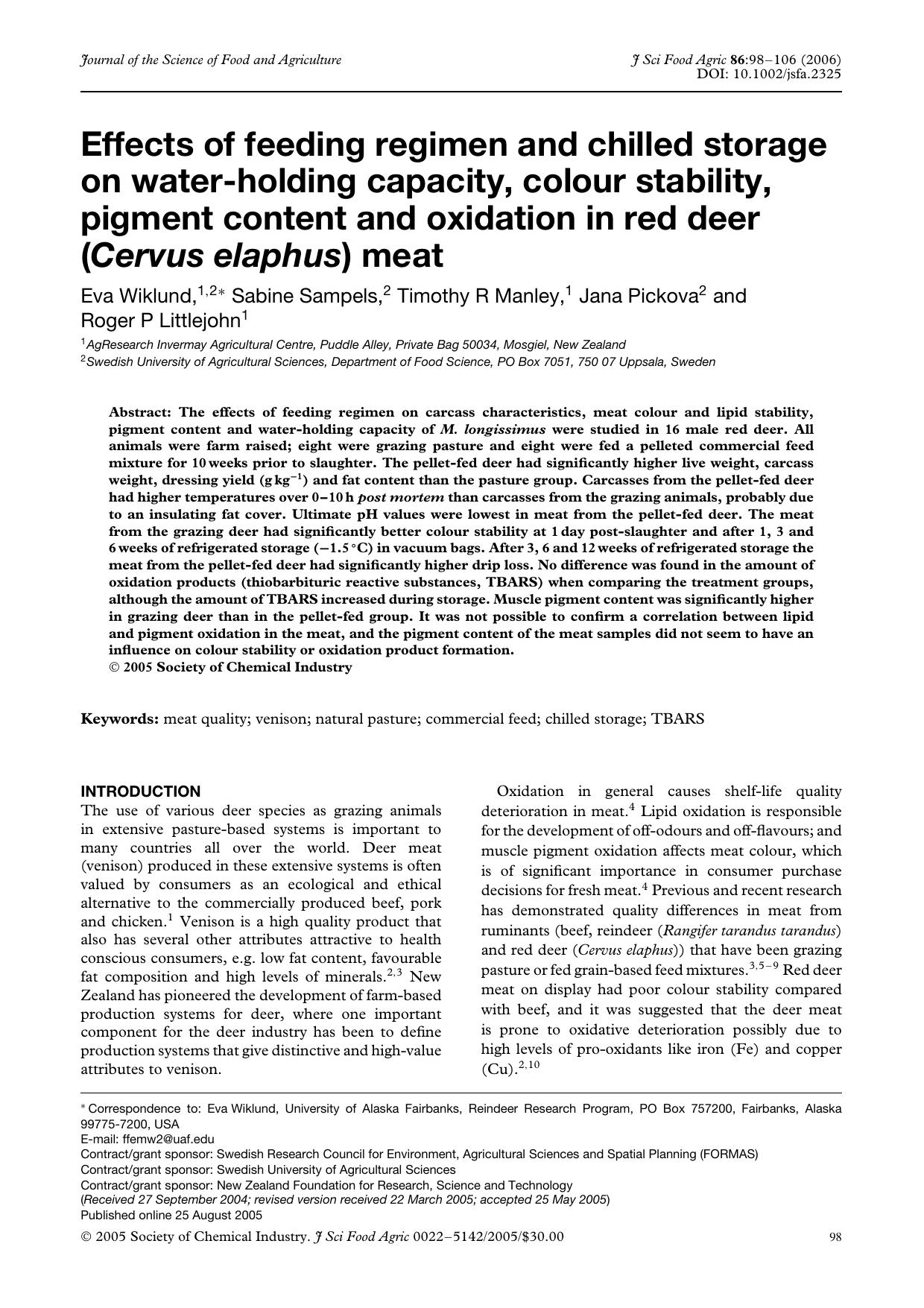 Effects of feeding regimen and chilled storage on water-holding capacity, colour stability, pigment content and oxidation in red deer (Cervus elaphus) meat by Unknown