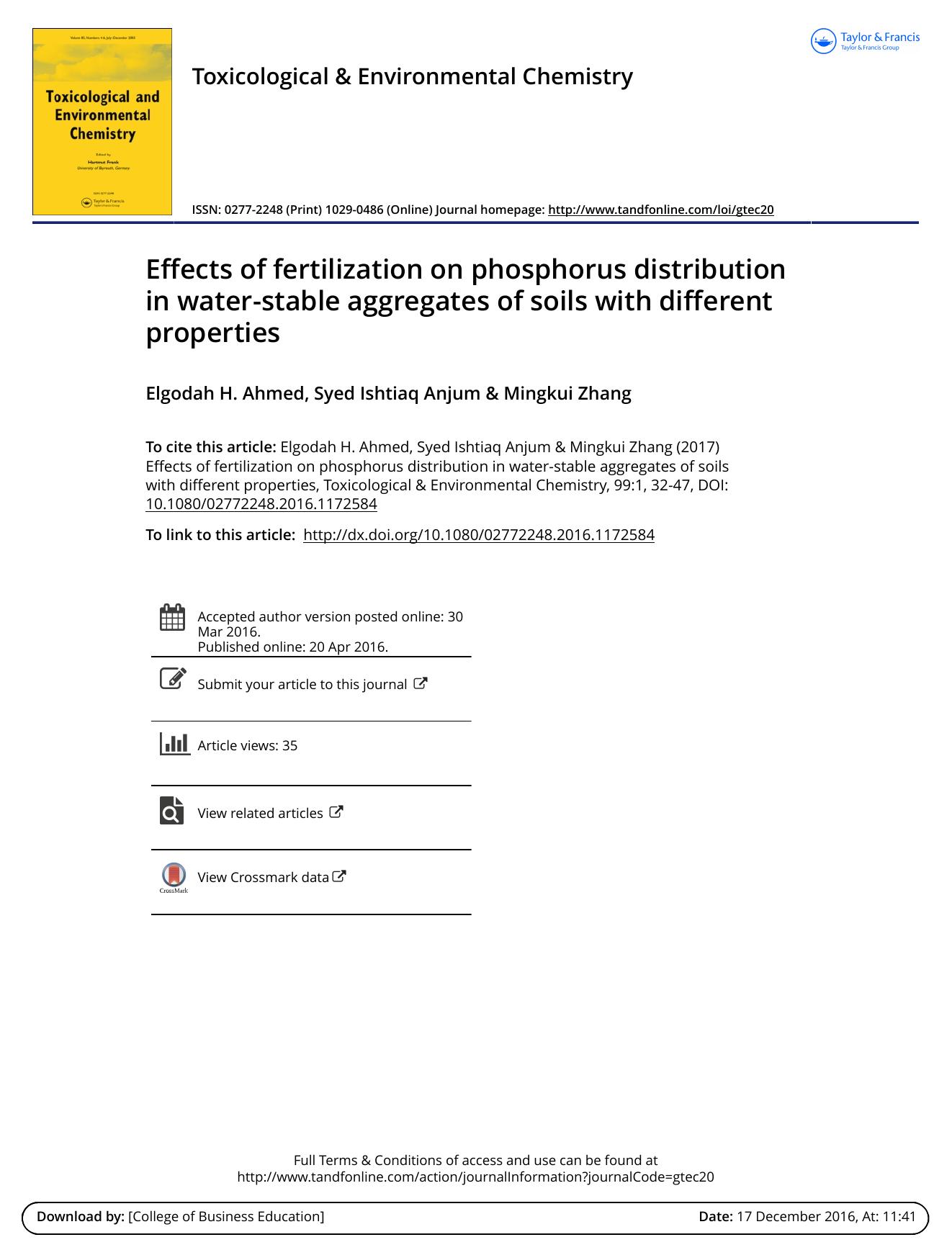 Effects of fertilization on phosphorus distribution in water-stable aggregates of soils with different properties by Elgodah H. Ahmed & Syed Ishtiaq Anjum & Mingkui Zhang