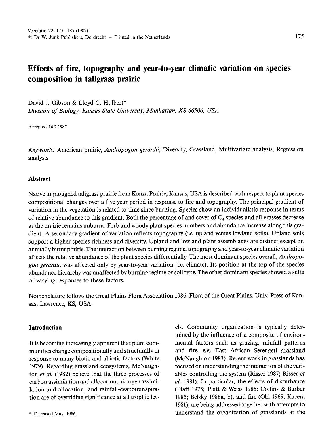 Effects of fire, topography and year-to-year climatic variation on species composition in tallgrass prairie by Unknown